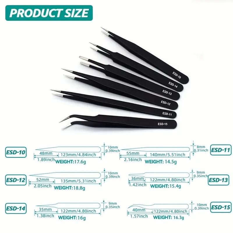 Electronics Repair Tools - ชุดแหนบยาวความแม่นยำสูง 6 ชิ้น ป้องกันไฟฟ้าสถิตย์ ทำจากสแตนเลส สำหรับงานซ่อมอิเล็กทรอนิกส์