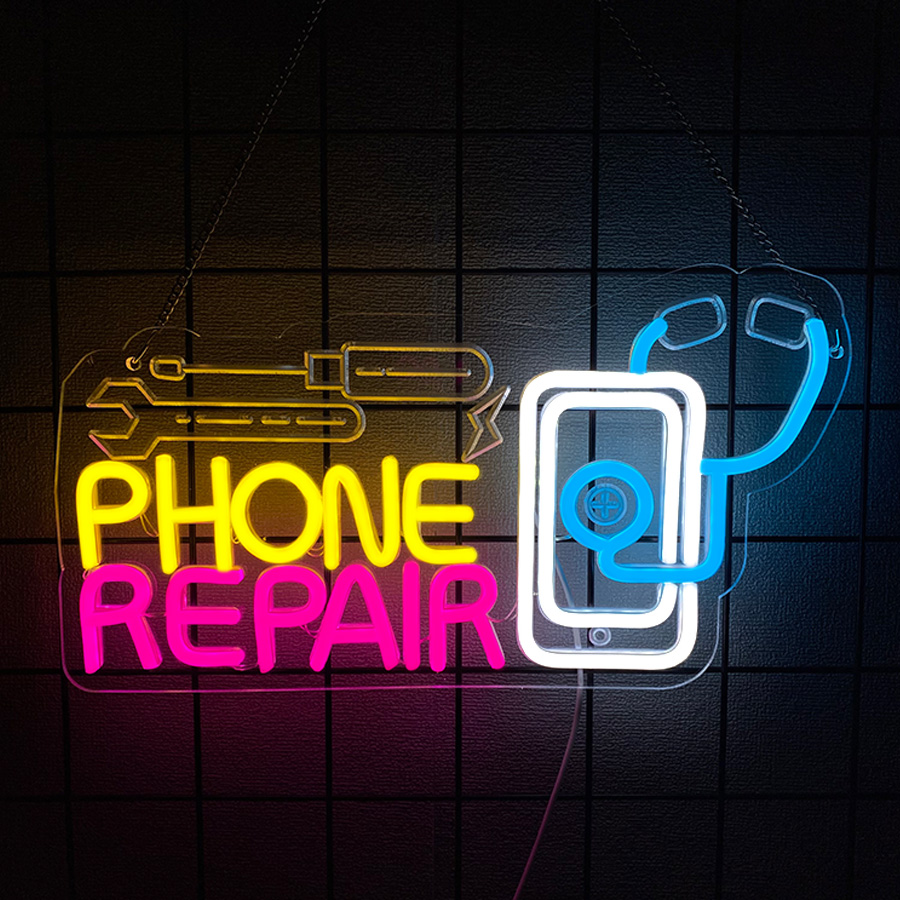 Electronics Repair Shop - ป้ายไฟนีออนซ่อมโทรศัพท์สำหรับตกแต่งผนัง, ป้ายไฟนีออน LED สำหรับตกแต่งร้านโทรศัพท์, ห้องแมนเคฟ, ร้านซ่อมอิเล็กทรอนิกส์,